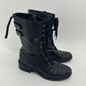 Sam Edelman Black Leather Combat Boots Lace Up Back Zip Moto Cap Toe Womens 7.5